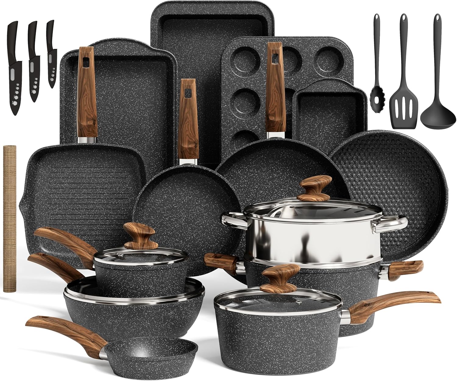 itchen Induction Cookware & Bakeware Set – 30 Piece Black Granite Cooking Pans Set